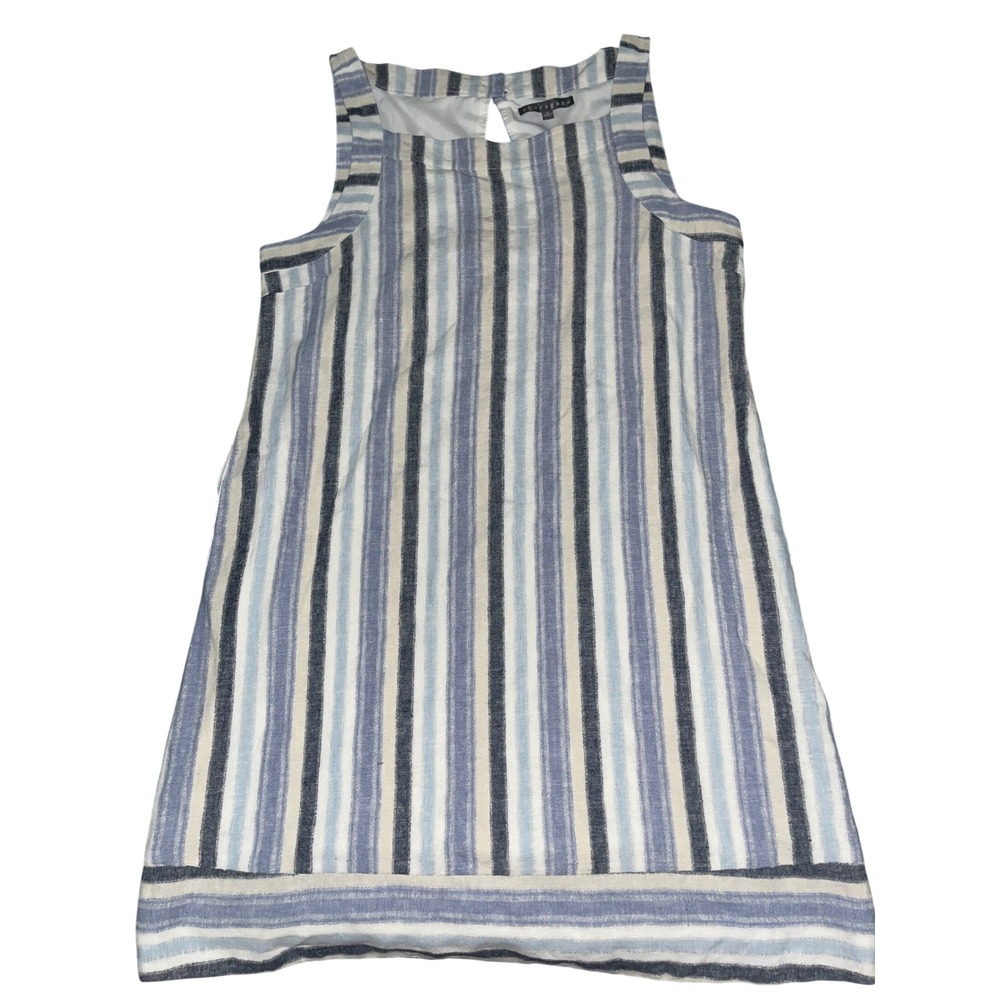 Sharagano Blue White Striped Linen Blend Sleeveless Shift Dress Size 14 - Picture 2 of 5